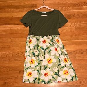 Olive Green Top Floral Midi Nursing Dress with White & Yellow Daffodils